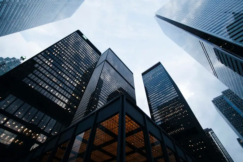 Commercial office towers viewed from street level